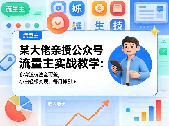 某大佬亲授公众号流量主实战教学：多赛道玩法全覆盖，小白轻松变现，每月多挣5k+