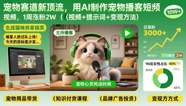 宠物赛道新顶流，用AI制作宠物播客短视频，1周涨粉2W（视频+提示词+变现方法）