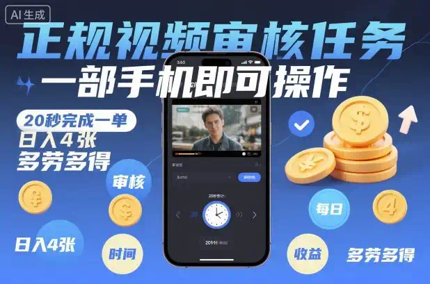 正规视频审核任务，一部手机即可操作，20秒完成一单，日入4张，多劳多得【揭秘】