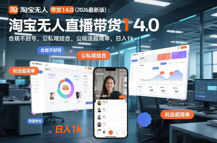 淘宝无人直播带货14.0（2026最新版）：合规不封号，公私域结合，玩法超简单，日入1k+【揭秘】