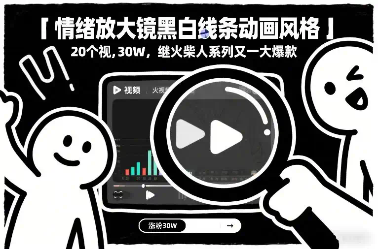 情绪放大镜黑白线条动画风格，20个视频，涨粉30W，继火柴人系列又一大爆款