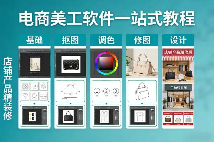 电商美工软件一站式教程，基础／抠图／调色／修图／设计，店铺产品精装修