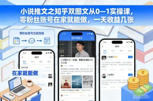 小说推文之知乎双图文从0—1实操课，零粉丝账号在家就能做，一天收益几张