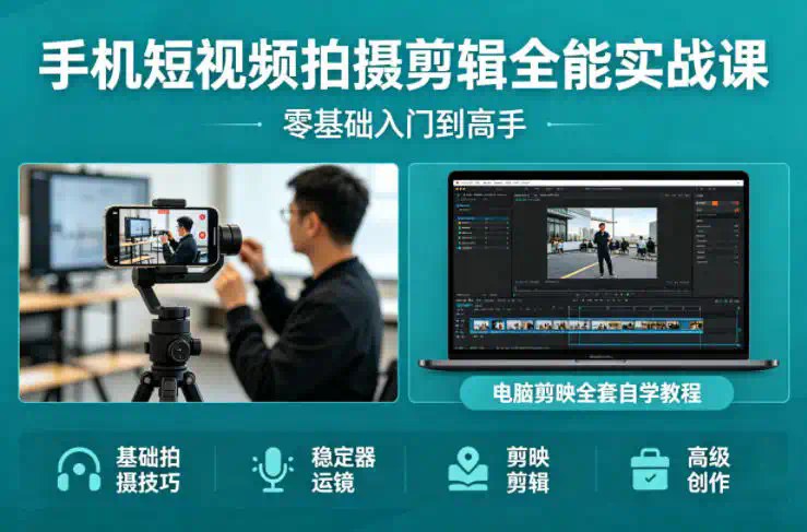 手机短视频拍摄剪辑全能实战课：零基础入门到高手，稳定器运镜+电脑剪映全套自学教程