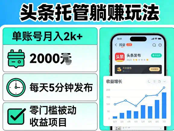 头条托管躺賺玩法，单账号月入2k+，每天5分钟发布即可，零门槛被动收益项目【揭秘】