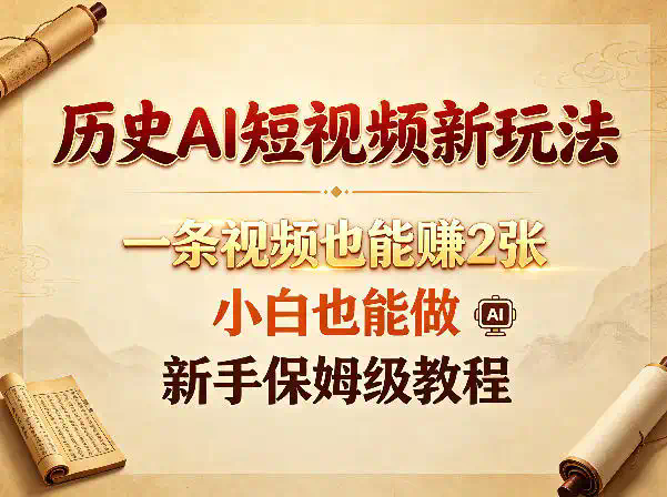 历史AI短视频新玩法，一条视频也能賺2张，小白也能做，新手保姆级教程