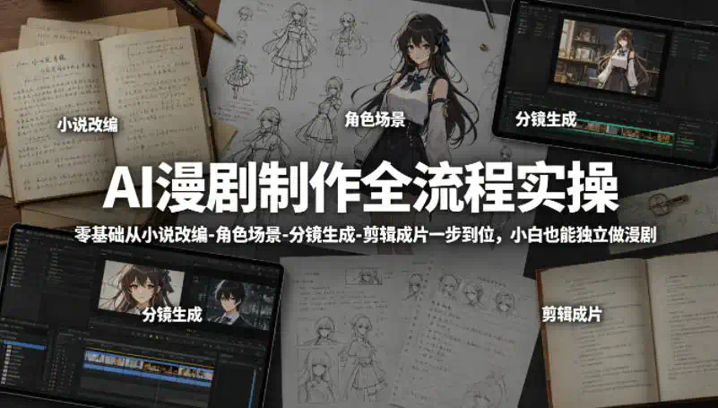 AI漫剧制作全流程实操，零基础从小说改编-角色场景-分镜生成-剪辑成片一步到位，小白也能独立做漫剧