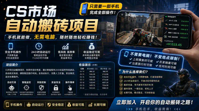 手机即可操作的CS市场自动搬砖系统｜自动监控｜自动下单｜日入300+【揭秘】