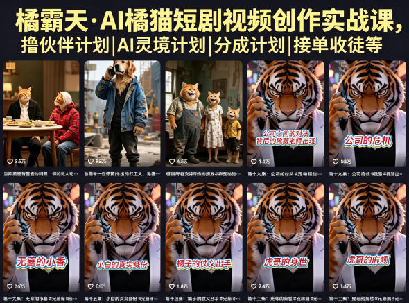 橘霸天·AI橘猫短剧视频创作实战课，撸伙伴计划｜AI灵境计划｜分成计划｜接单收徒等