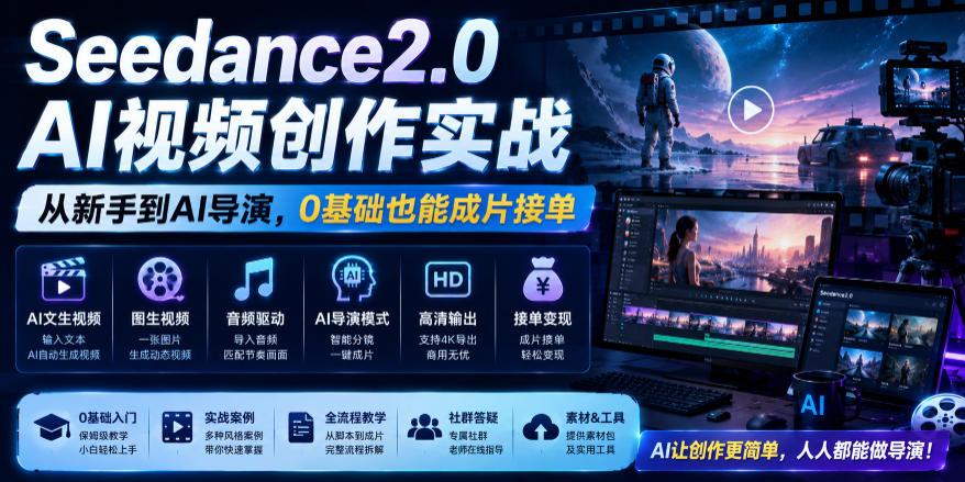 Seedance2.0AI视频创作实战，从新手到AI导演，0基础也能成片接单变现