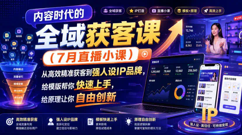 内容时代的全域获客课(7月直播小课)，从高效精准获客到强人设IP品牌，给模版帮你快速上手，给原理让你自由创新