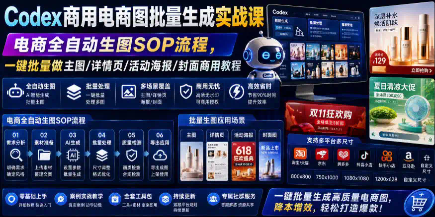 Codex商用电商图批量生成实战课｜电商全自动生图SOP流程，一键批量做主图／详情页／活动海报／封面商用教程