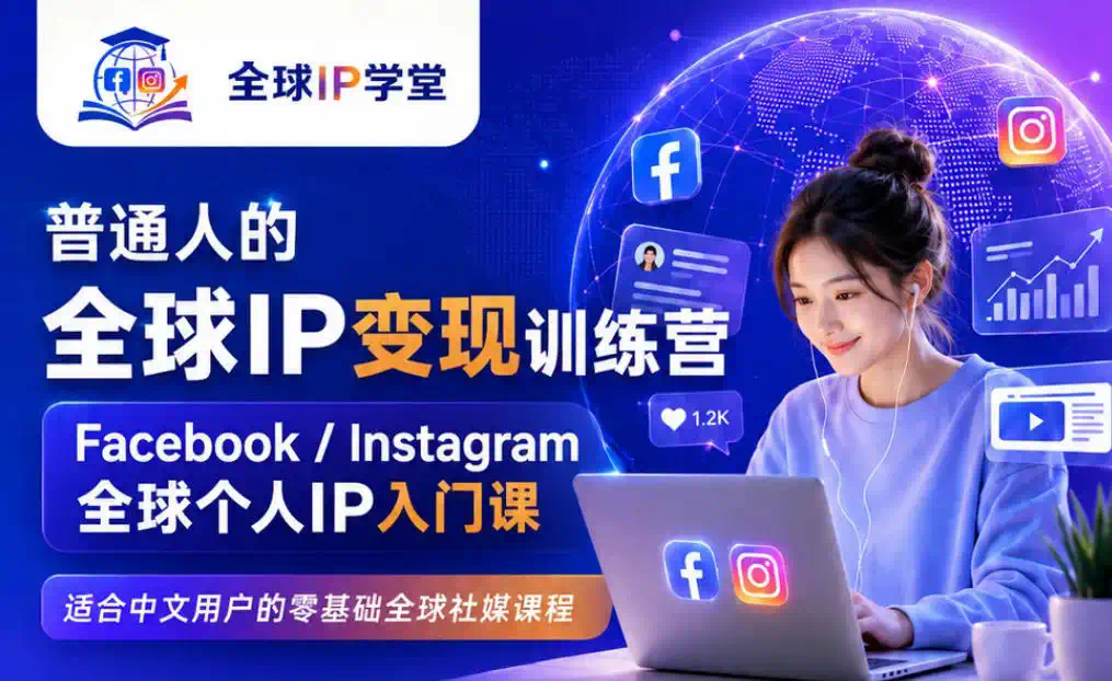 普通人的全球IP变现训练营，Facebook／Instagram全球个人IP入门课，零基础全球社媒课程