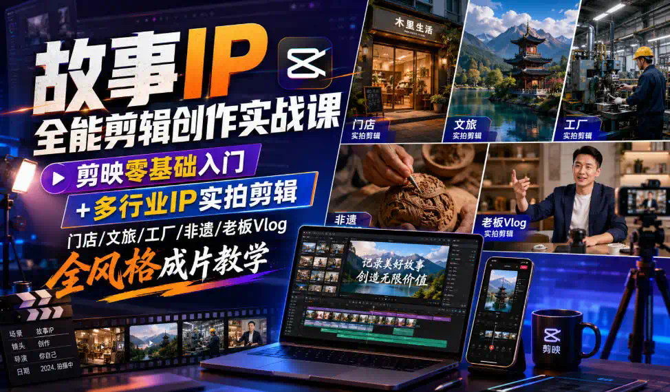 故事IP全能剪辑创作实战课｜剪映零基础入门+多行业IP实拍剪辑，门店／文旅／工厂／非遗／老板Vlog全风格成片教学