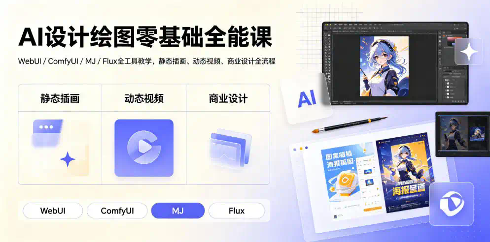 AI设计绘图零基础全能课｜WebUI／ComfyUI／MJ／Flux全工具教学，静态插画、动态视频、商业设计全流程