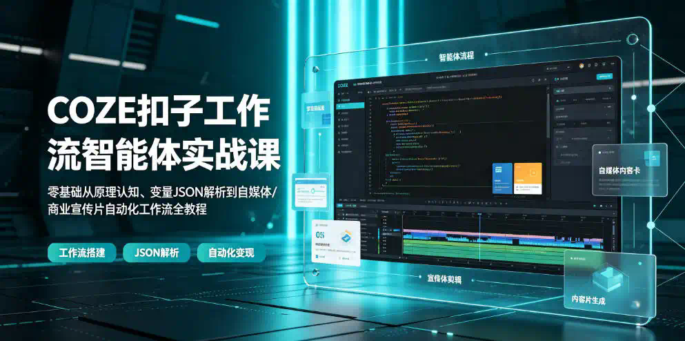 COZE扣子工作流智能体实战课｜零基础从原理认知、变量JSON解析到自媒体／商业宣传片自动化工作流全教程