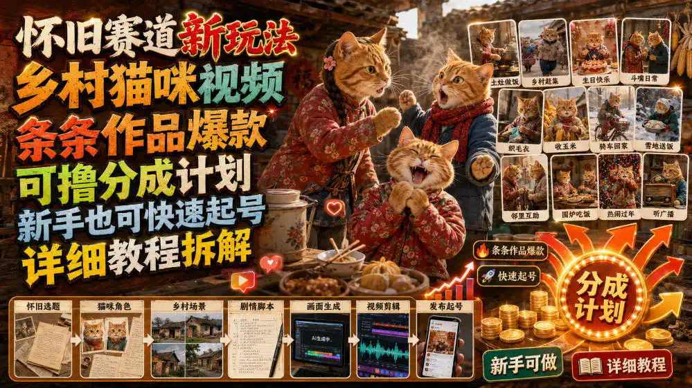 怀旧赛道新玩法，乡村猫咪视频，条条作品爆款，可撸分成计划，新手也可快速起号，详细教程拆解