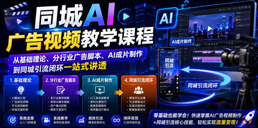 同城AI广告视频教学课程，从基础理论、分行业广告脚本、AI成片制作到同城引流闭环一站式讲透