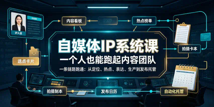 自媒体IP系统课，一个人也能跑起内容团队，一条链路跑通，从定位、热点、表达、生产到发布托管