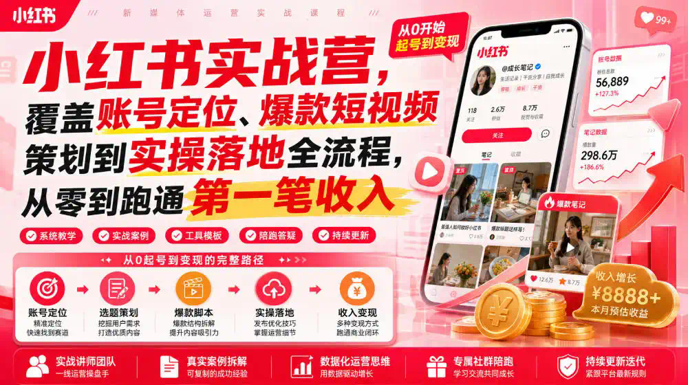 小红书实战营，覆盖账号定位、爆款短视频策划到实操落地全流程，从零到跑通第一笔收入