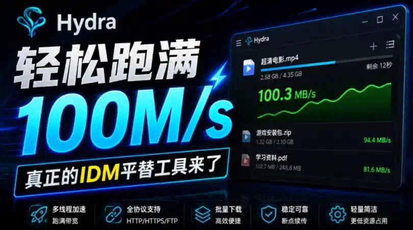 轻松跑满100M／s，真正的IDM平替工具来了，开源多线程器，支持浏览器拓展，一键智能加速Hydra Download Manager