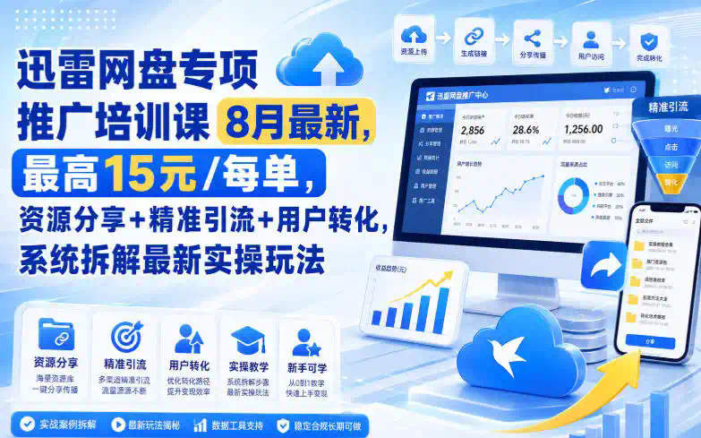 迅雷网盘专项推广培训课9月最新，最高15米／每单，资源分享+精准引流+用户转化，系统拆解最新实操玩法(更新0909)